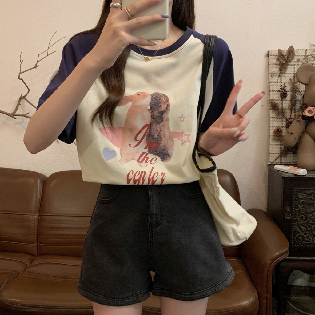 Áo Thun T-Shirt Cotton Tinh Khiết Cổ Tròn Tay Ngắn In Hình Vui Nhộn Phong Cách Hàn Quốc Mùa Hè 64477