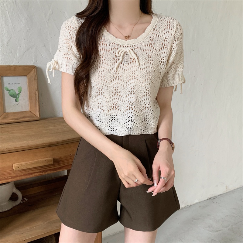Áo Thun Dệt Kim Tay Ngắn Thiết Kế Khoét Lỗ Thời Trang Mùa Hè Hàng Mới