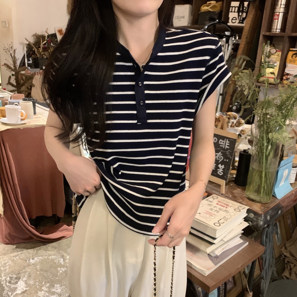 Áo Thun Kẻ Sọc Dáng Rộng Ngắn Tay Phối Nút Phong Cách Hàn Quốc Thời Trang Mùa Hè 64641
