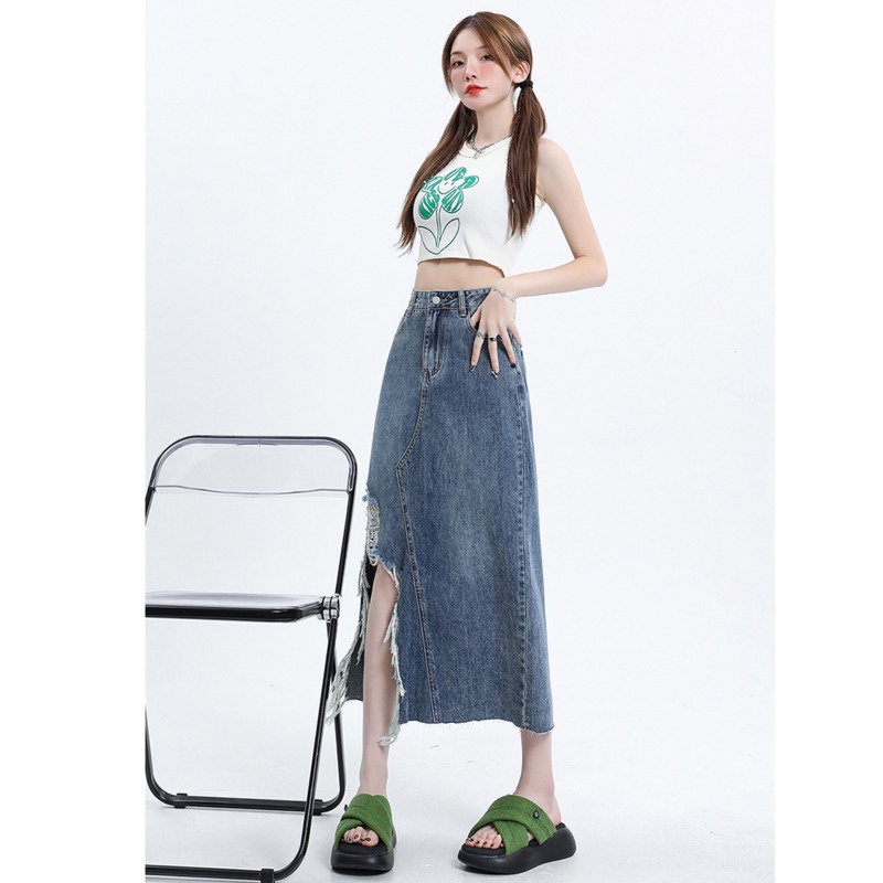 Chân Váy Denim Lưng Cao RENJIANVSHENG Thiết Kế Xẻ Rách Cá Tính