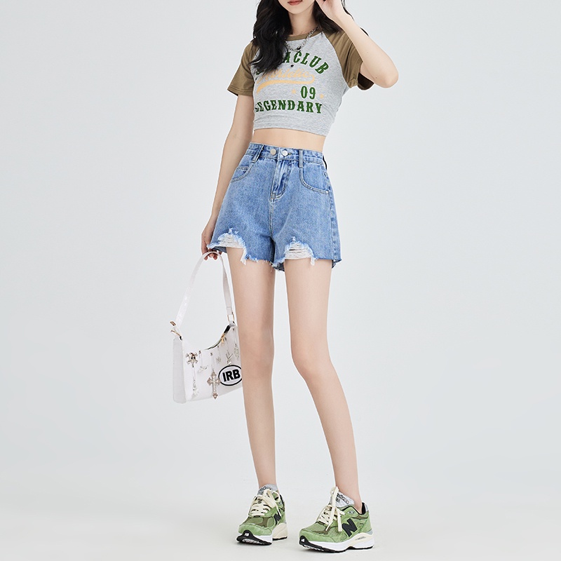 Quần Short denim Mỏng Lưng Cao Ống Rộng Rách Gối Thời Trang Mùa Hè Hàng Mới Dành Cho Bạn Nữ