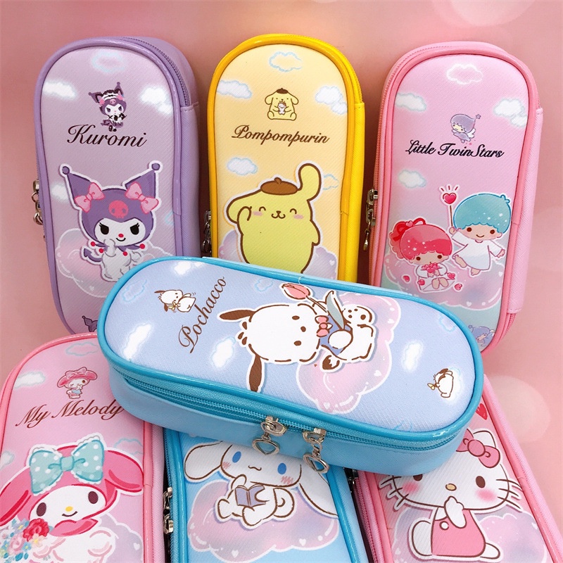 SANRIO Túi Đựng Bút Bằng Da PU Có Khóa Kéo In Hoạt Hình Kuromi Melody Dễ Thương Cho Bé