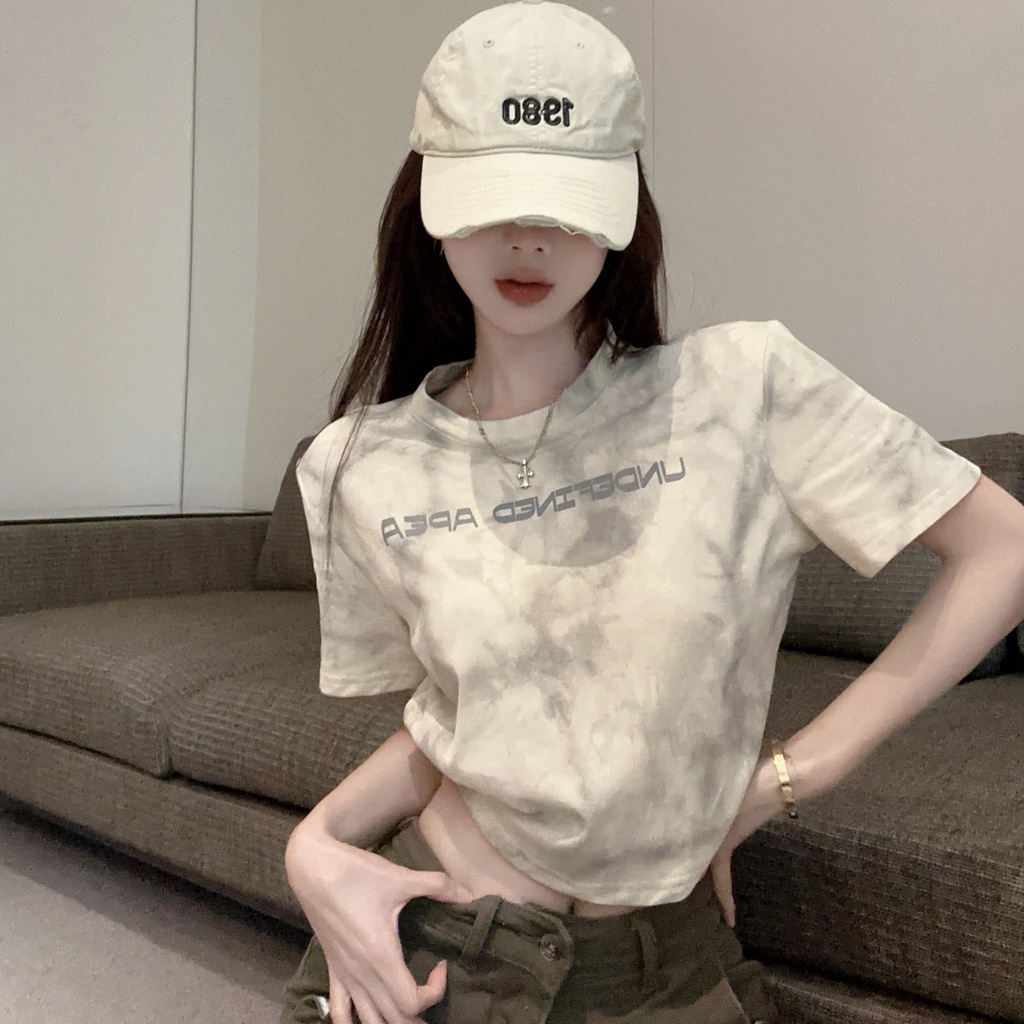 Áo Thun Ngắn Tay Dáng Rộng In Chữ Phối Màu Nhuộm Cá Tính