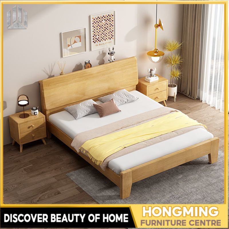 Giường đôi bằng gỗ rắn Giường gỗ sồi 1.5m1.2m1.8m hiện đại đơn giản