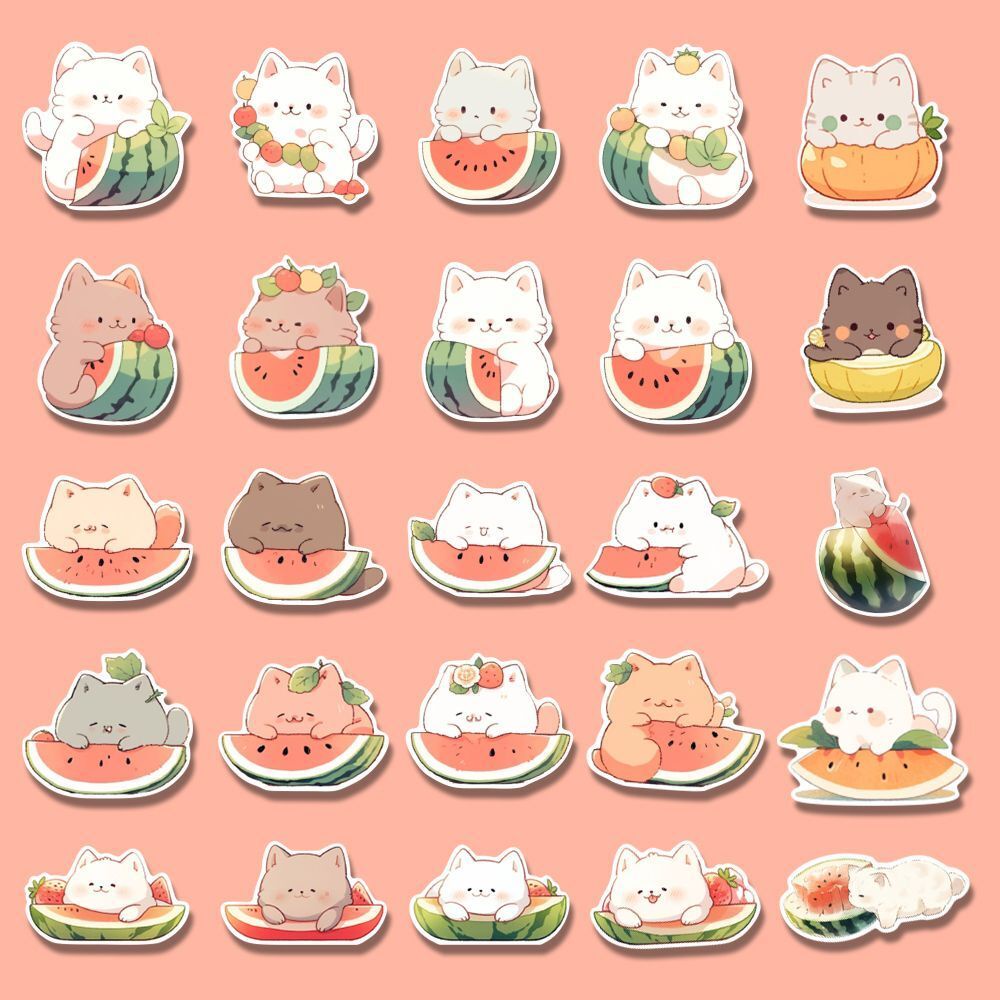 Bộ 48 Miếng Dán Trang Trí Laptop / Điện Thoại Hình Mèo Dưa Hấu Chống Thấm Nước diy