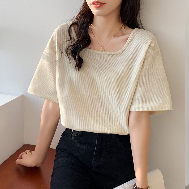 Áo Thun Cổ Vuông Tay Ngắn Màu Trơn Phong Cách Hàn Quốc Thời Trang Mùa Hè 61952