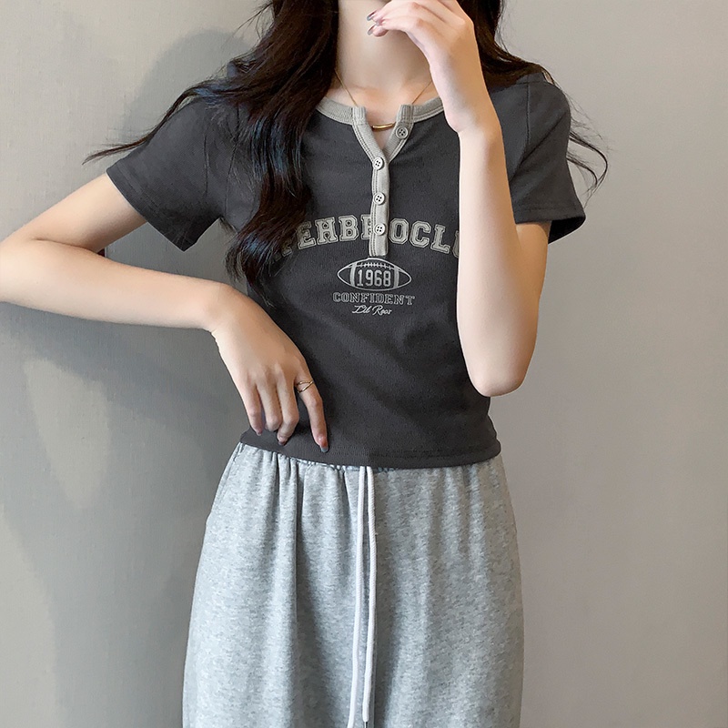 Áo Thun cotton Ngắn Tay Cổ Chữ V Màu Sắc Tương Phản Thời Trang Mùa Hè Cho Nữ