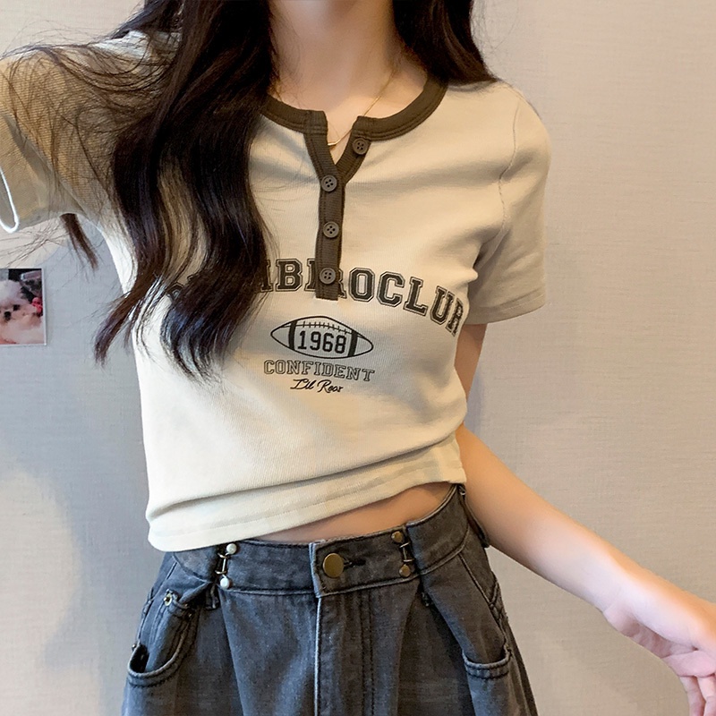 Áo Thun cotton Ngắn Tay Cổ Chữ V Màu Sắc Tương Phản Thời Trang Mùa Hè Cho Nữ