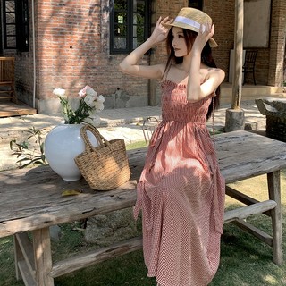 Đầm Hai Dây Họa Tiết Sọc Caro Màu Đỏ Phong Cách Mới Mùa Hè