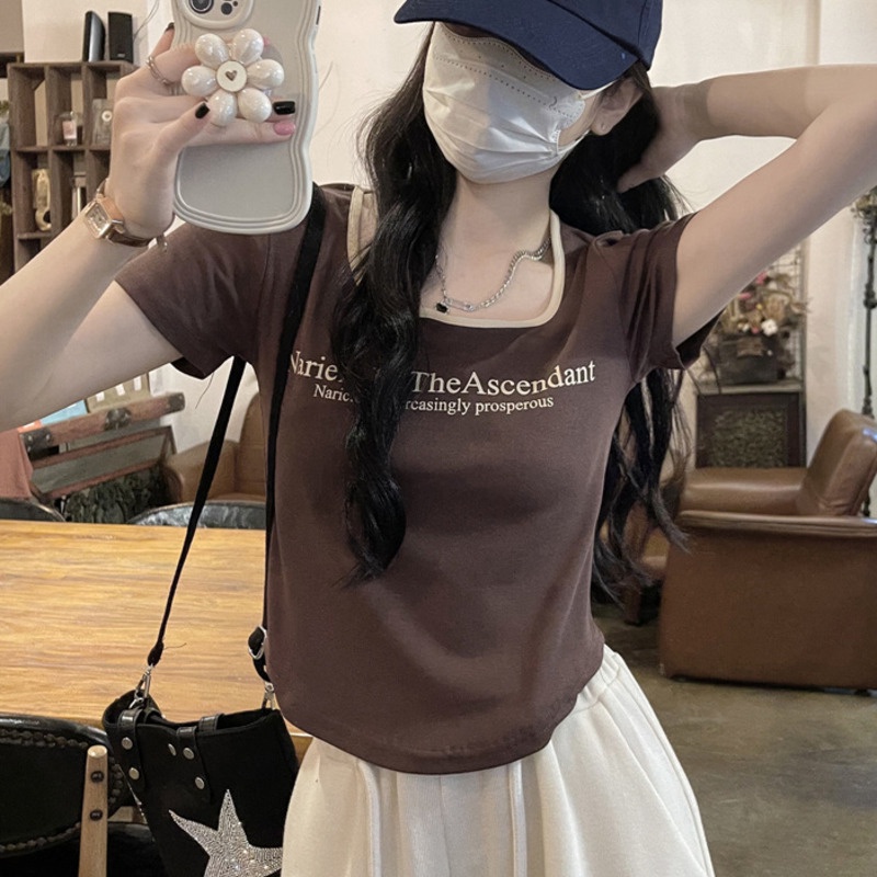 Áo Thun Tay Ngắn Cổ Vuông RENJIANVSHENG In Chữ Phong Cách Hàn Quốc