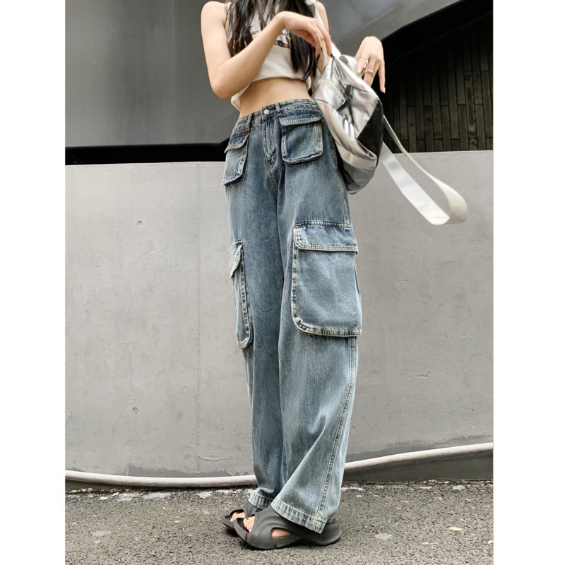 Quần Jean Lưng Cao Dáng Rộng Phối Túi RENJIANVSHENG Cá Tính Theo Phong Cách Hàn Quốc
