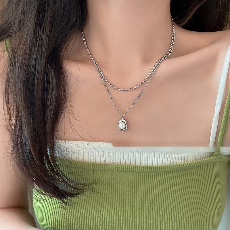 Vòng cổ Hai Lớp Bằng Thép Titan Đính Ngọc Trai Phong Cách Hàn Quốc Sang Trọng