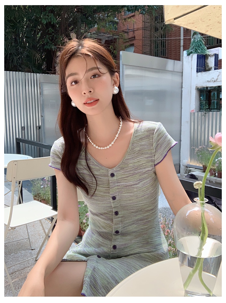 Đầm Dệt Kim Ngắn Tay Cổ Chữ V Phong Cách Pháp Mùa Hè Kiểu Mới 62443