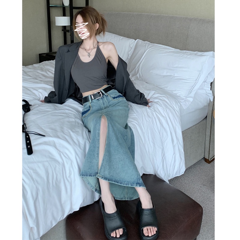 Chân Váy Denim Dài Dáng Chữ a Lưng RENJIANVSHENG Cao Kiểu Hàn Quốc Dễ Thương