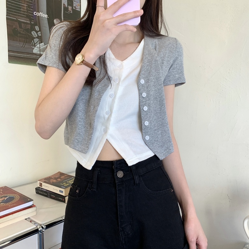 Áo Thun Ngắn Tay Cổ V Giả Hai Lớp Phong Cách Hàn Quốc Cho Nữ