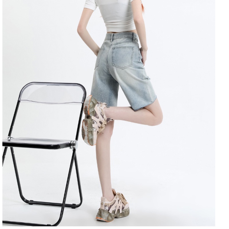 Quần Sọt Denim Lưng Cao RENJIANVSHENG Thiết Kế Rách Cá Tính