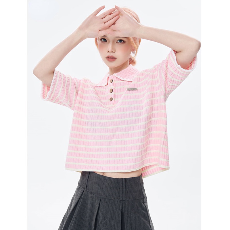 Áo Polo Dệt Kim Dáng Rộng Kẻ Sọc RENJIANVSHENG Thời Trang Mùa Hè Năng Động