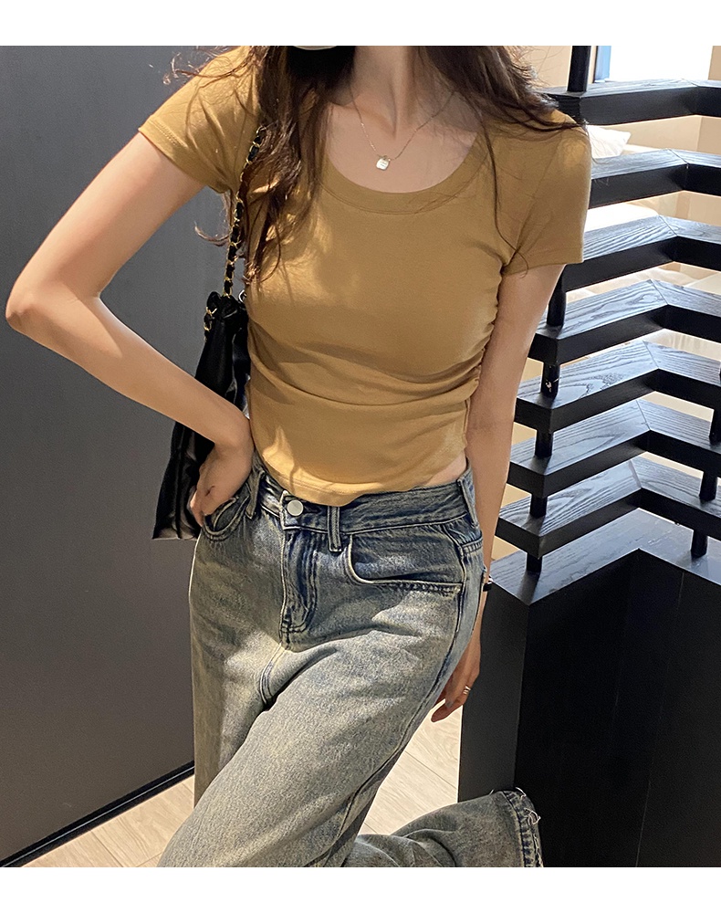 Áo Thun Tay Ngắn Cổ Chữ U Xếp Ly Ôm Dáng Thoải Mái Thời Trang Cho Nữ 63625