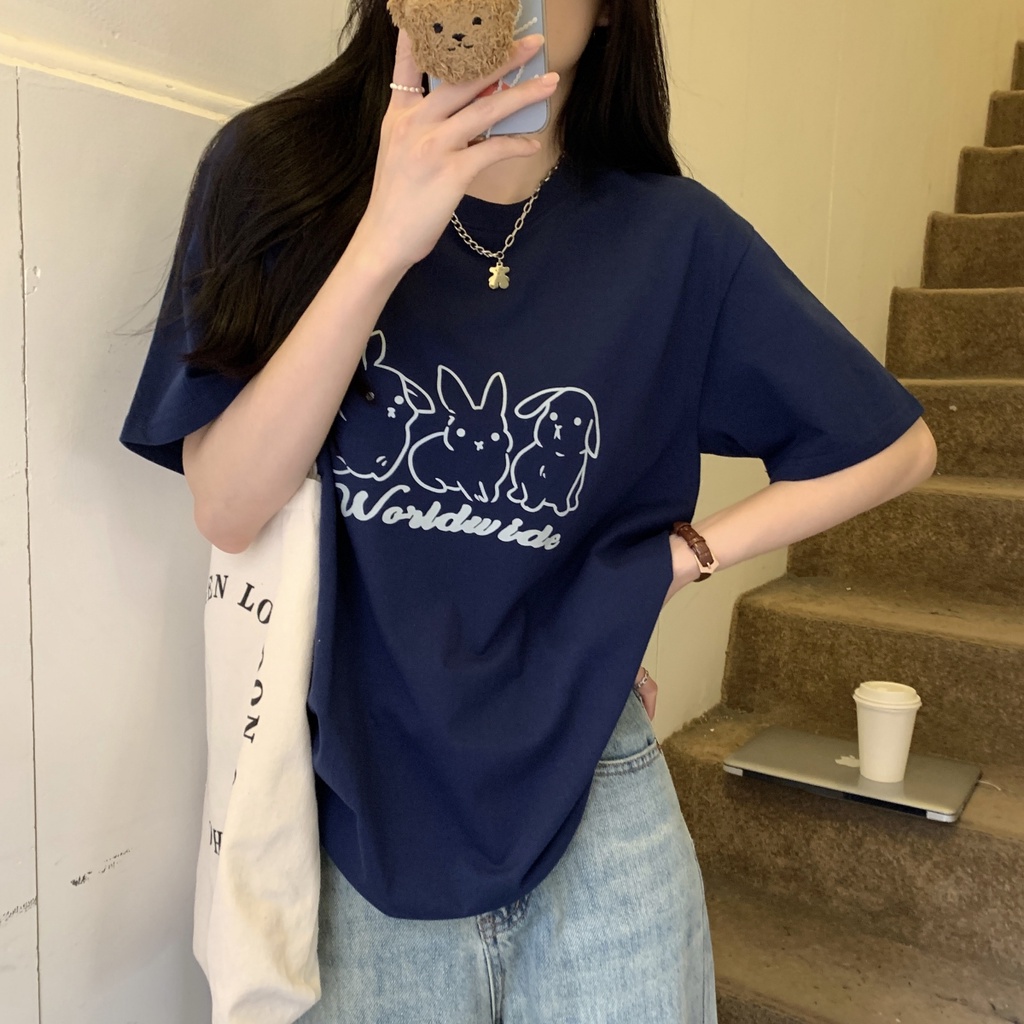 Áo Thun Cotton Dáng Rộng Ngắn Tay In Hình Thỏ Thời Trang Mùa Hè Hàn Quốc Sành Điệu 63939