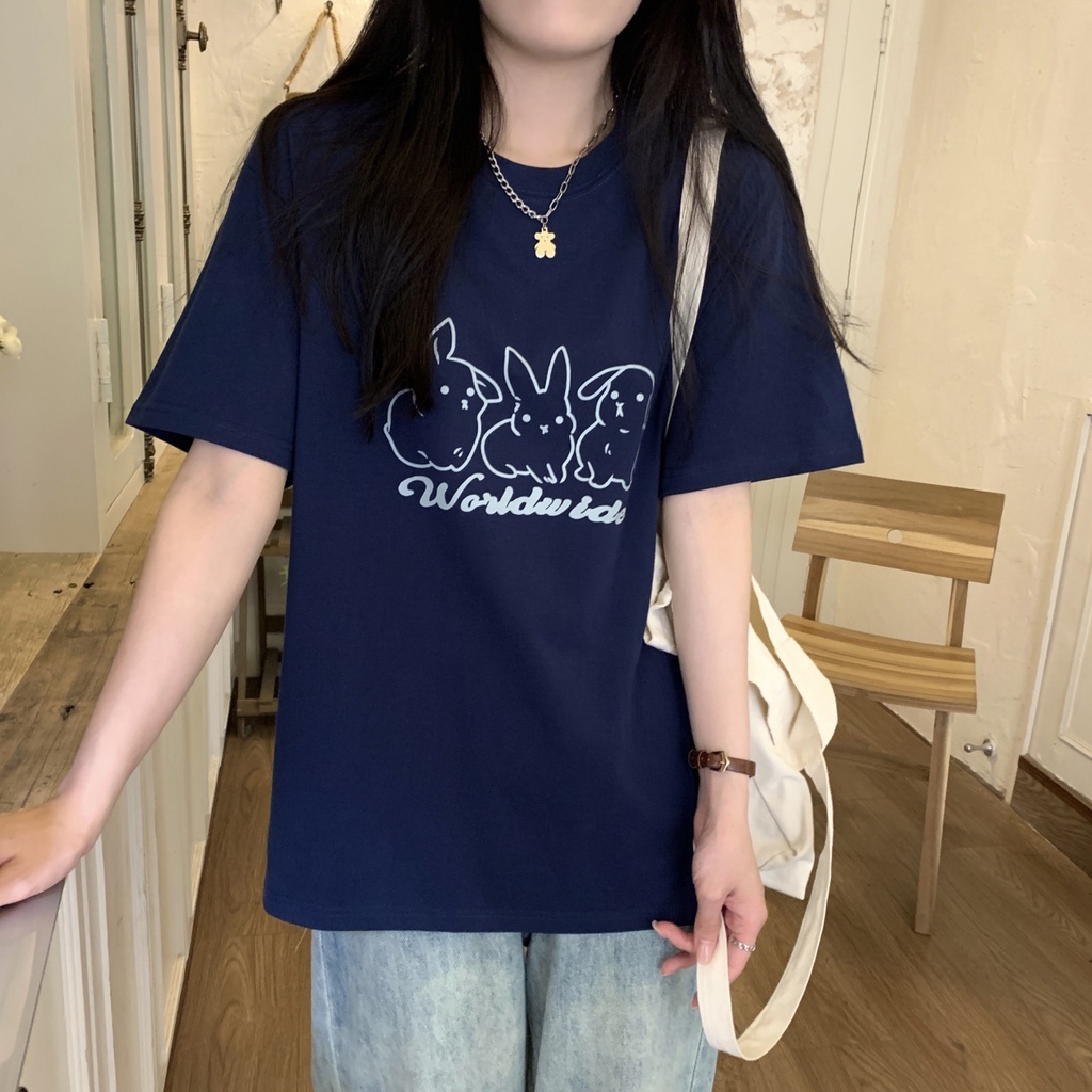 Áo Thun Cotton Dáng Rộng Ngắn Tay In Hình Thỏ Thời Trang Mùa Hè Hàn Quốc Sành Điệu 63939