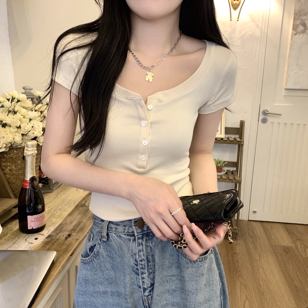 Áo Thun Cotton Mỏng Tay Ngắn Cổ Tròn Cài Nút Phong Cách Hàn Quốc Thời Trang Mùa Hè 64094