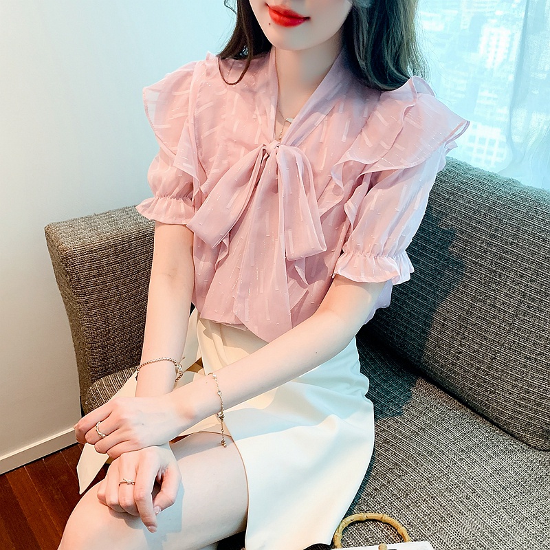 Áo Sơ Mi Chiffon Tay Ngắn Phồng Đính Nơ Thời Trang Mùa Hè Hàn Quốc 2023 Cho Nữ áo cr