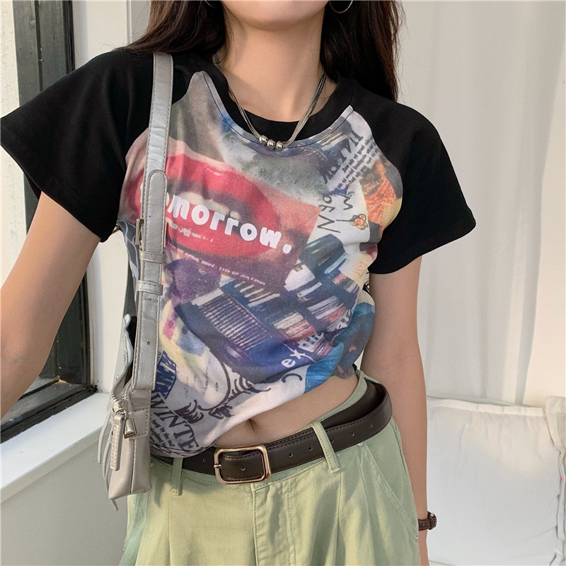 64042 Áo Thun Cotton Tay Ngắn Raglan In Trừu Tượng Phong Cách Mới