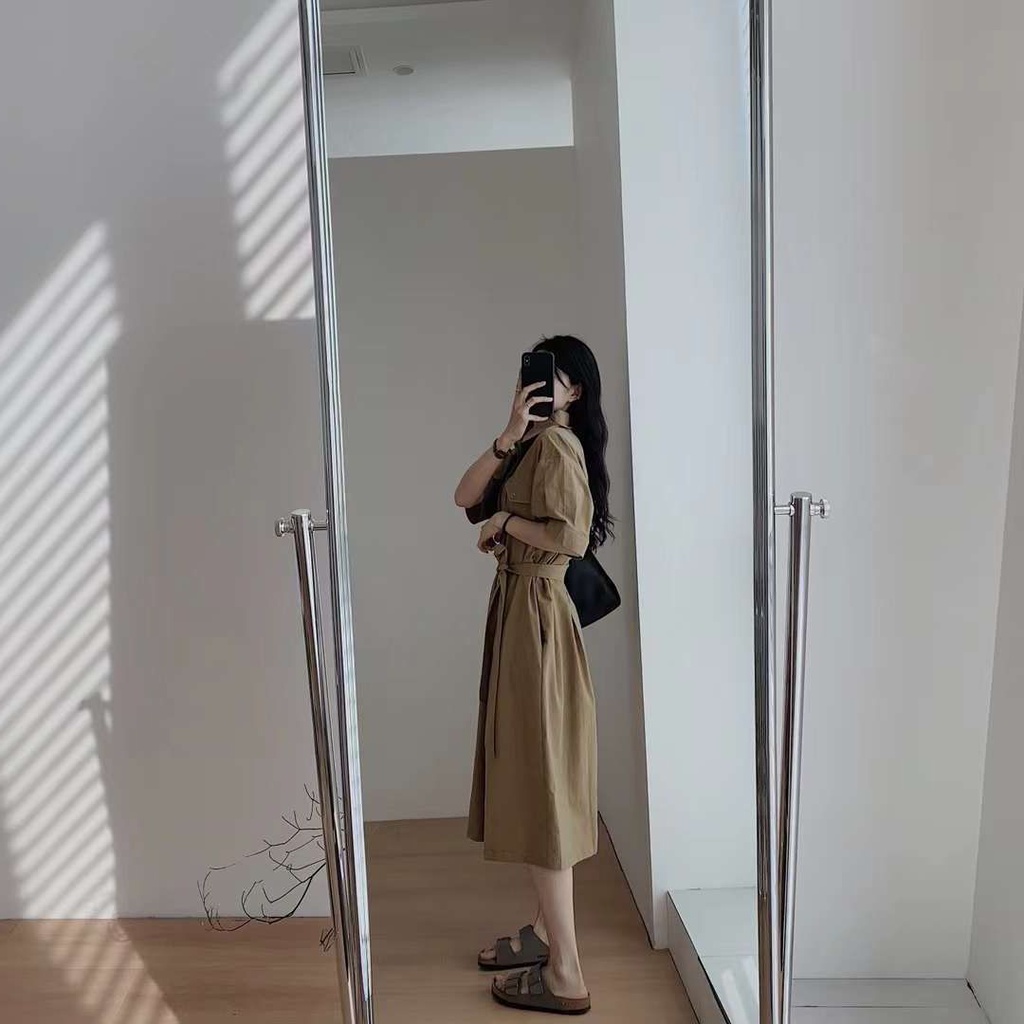 Đầm Dáng Rộng Cột Dây Màu Trơn Bằng Vải Cotton Thời Trang Mùa Hè 64141