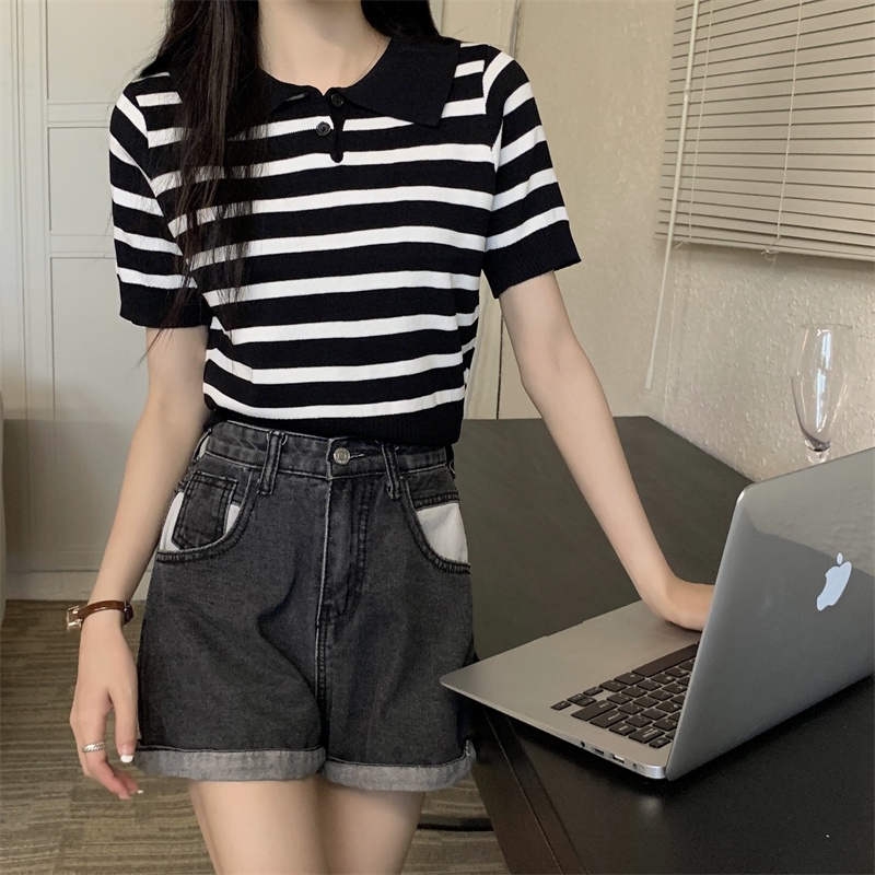 Áo Thun Polo Ngắn Tay Họa Tiết Kẻ Sọc Phong Cách Retro Mùa Hè Kiểu Mới 64178