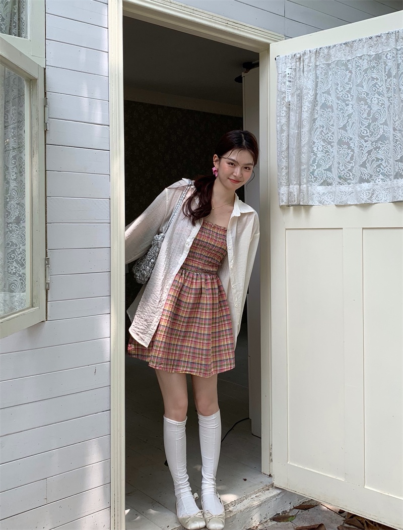 Bộ Áo Sơ Mi Chống Nắng + Chân Váy Sọc Ca Rô Nhiều Màu Kiểu Hàn Quốc Dễ Phối Đồ 640