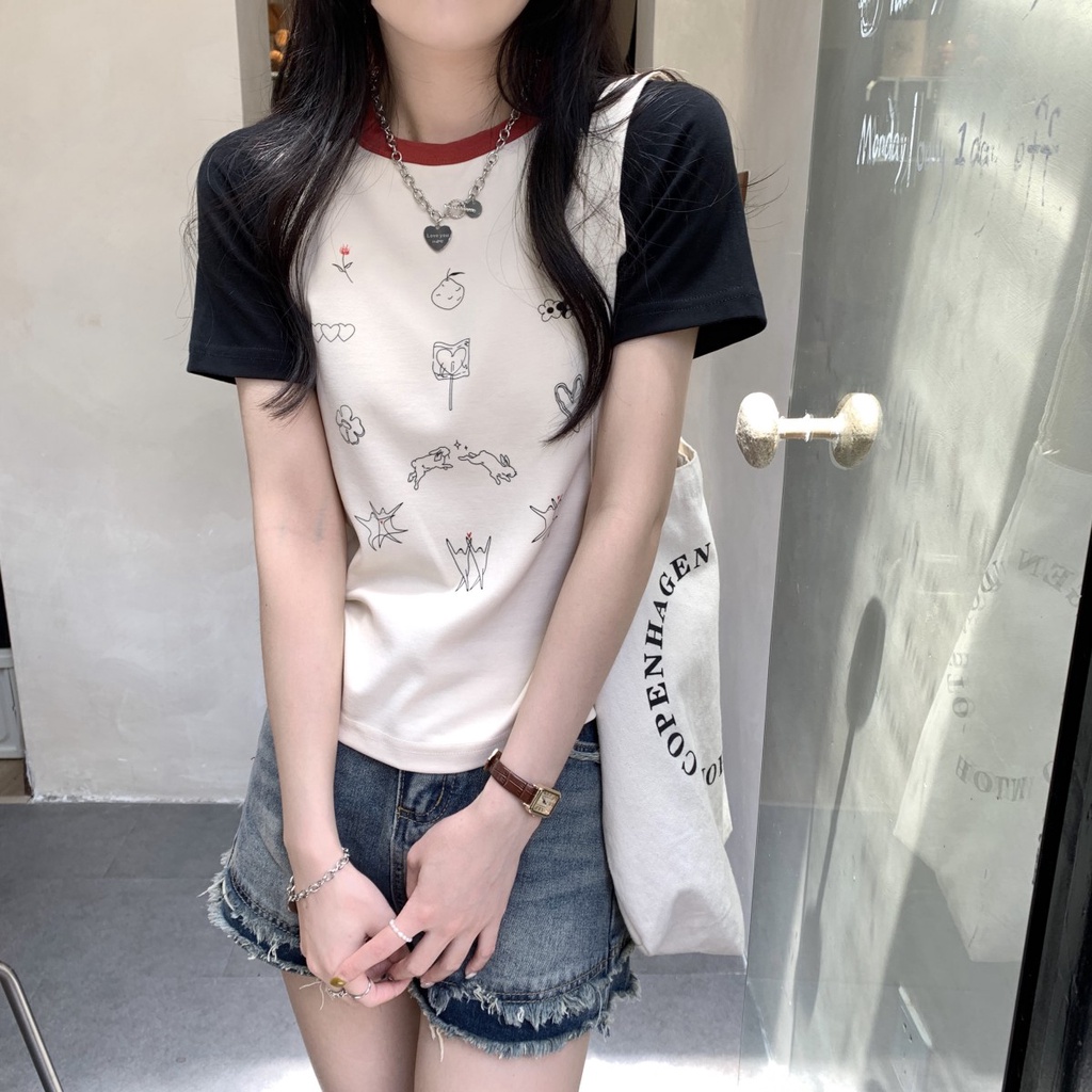 Áo Thun Raglan Cotton Dáng Rộng Tay Cộc Lệch Vai Màu Sắc Tương Phản Phong Cách Hàn Quốc Thời Trang Xuân Hè 63