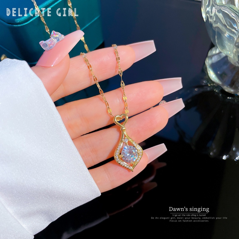 XiaoboACC Dây Chuyền Thép Titan Mạ Vàng Mặt Hình Giọt Nước Đính Đá Zircon Thời Trang Cho Nữ