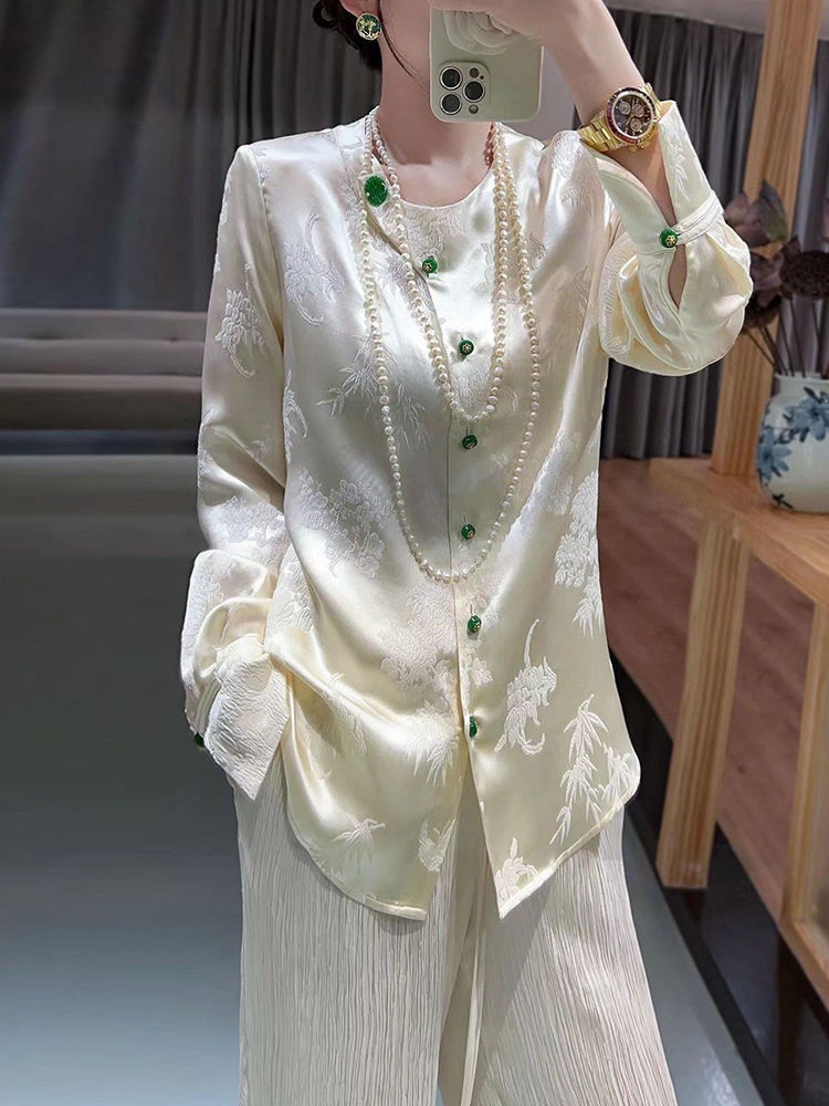 Áo Sơ Mi Lụa Mulberry Tay Dài Cổ Tròn Cài Nút Phong Cách Trung Hoa Mới 2023