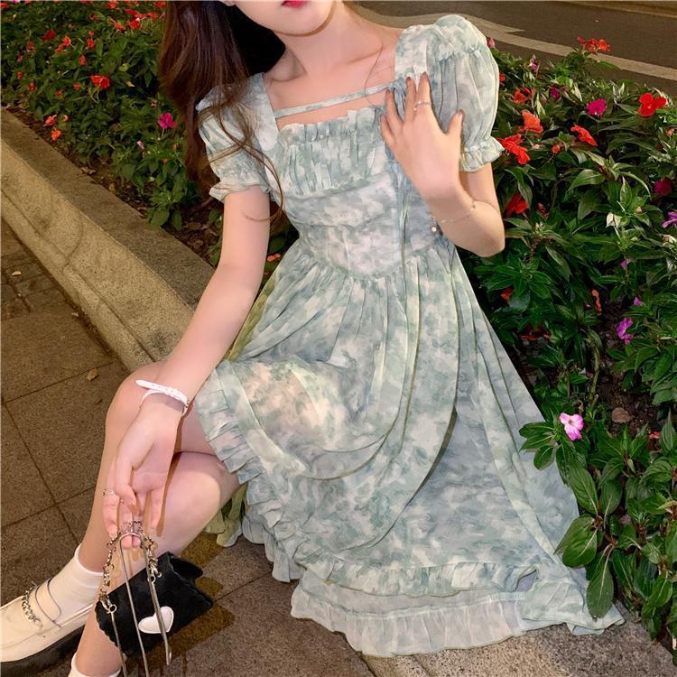 Đầm chiffon Tay Phồng Màu Xanh Lá Thời Trang Mùa Hè Hàn Quốc Cho Nữ