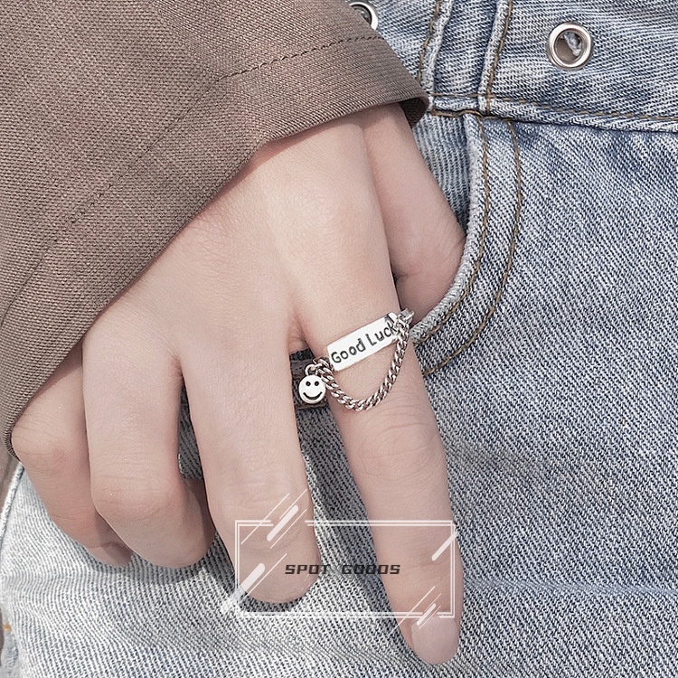 Nhẫn Hở Mạ Bạc 925 Họa Tiết Mặt Cười Và Chữ Đơn Giản Sáng Tạo Thời Trang