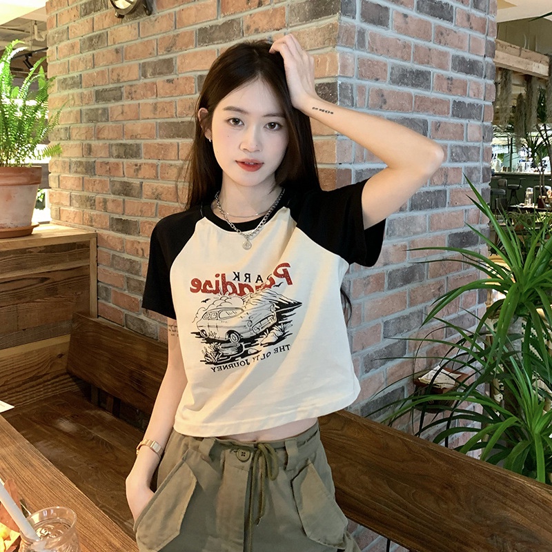 Tất giá rẻ áo phông crotop Mỹ Vintage in ngắn tay áo thun nữ 2023 mùa hè Hàn Quốc phiên bản mới mỏng phù hợp với sinh viên ngắn hàng đầu