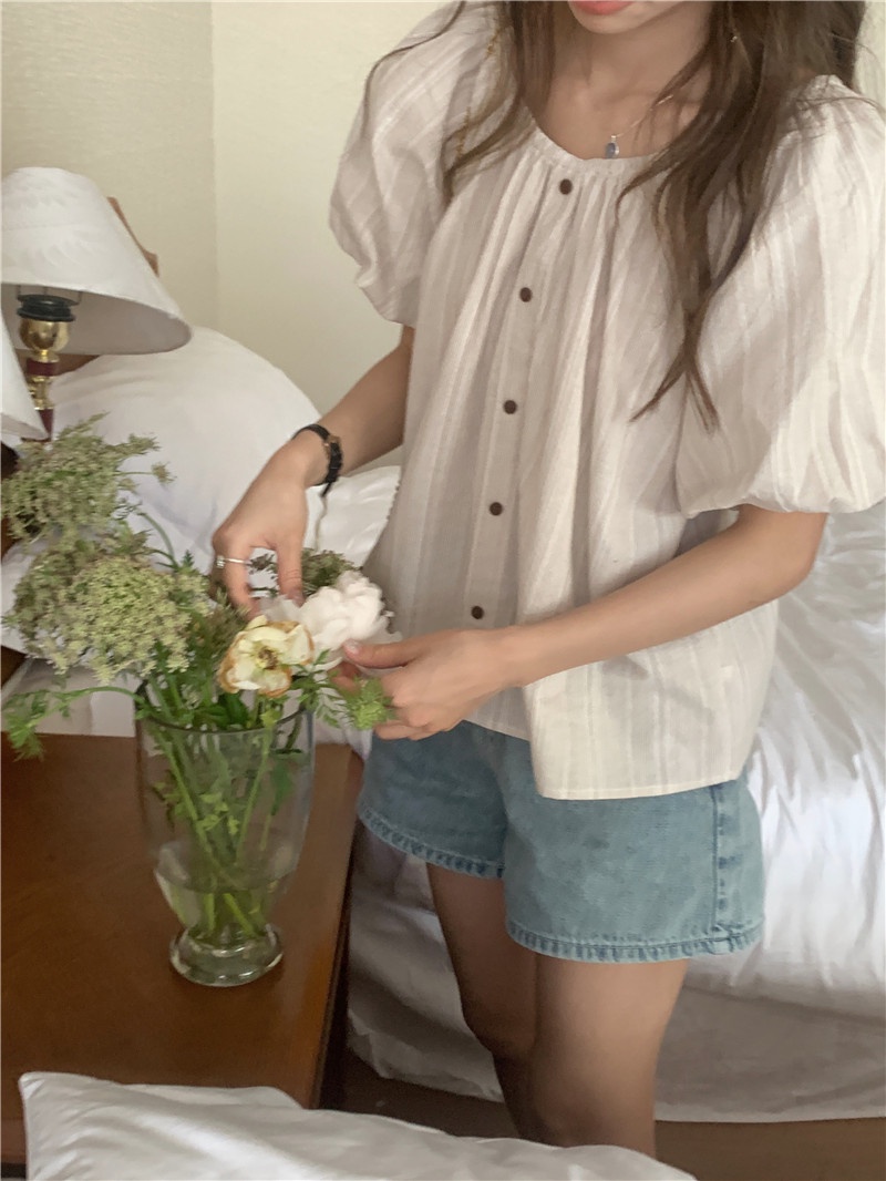 Áo Sơ Mi Kẻ Sọc Tay Ngắn Hở Vai Bằng Vải Lanh Cotton Phong Cách Hàn Quốc Đơn Giản 64895