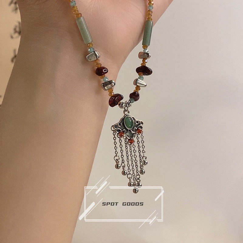 Ping Vòng cổ Dân Tộc Mặt Ổ Khóa Gió Ruyi Tua Rua Ngọc Bích Cổ Điển Cho Nữ Giới