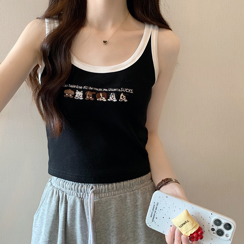 Áo Hai Dây Thêu Họa Tiết Màu Sắc Tương Phản Phong Cách Retro Mỹ 65110