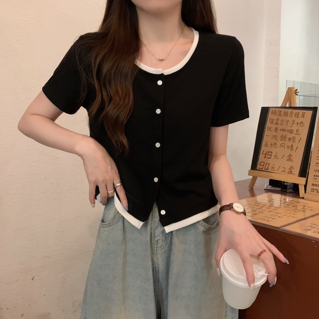 Áo Thun Cotton Tay Ngắn Giả Hai Lớp Màu Sắc Tương Phản Thời Trang Mùa Hè Dành Cho Bạn Nữ 64760