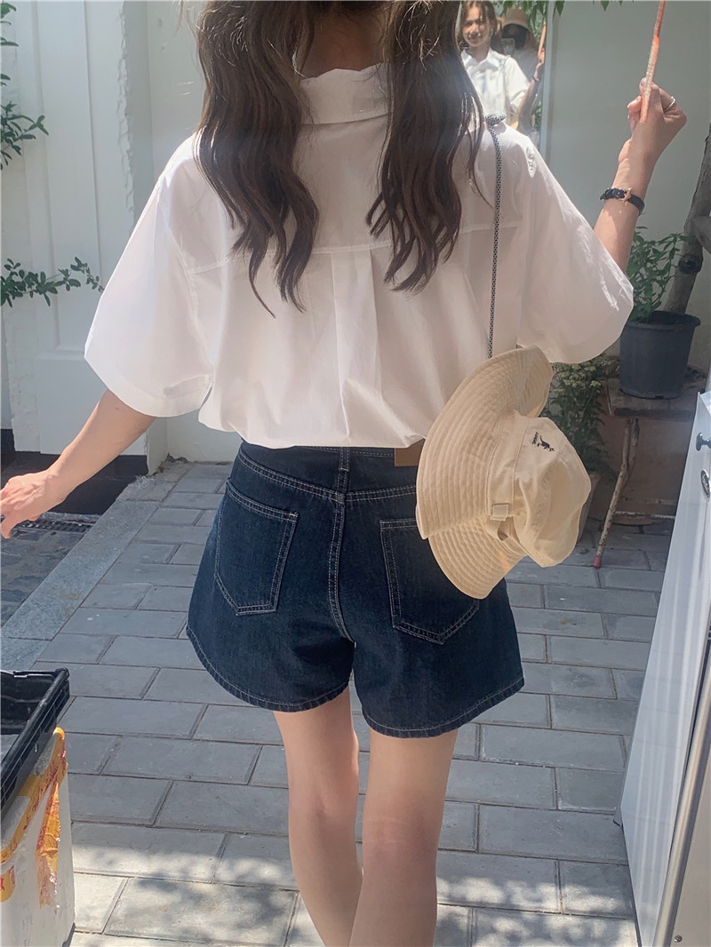 Áo Sơ Mi Cổ polo Dáng Rộng Ngắn Tay Thêu Hình Trái Tim Màu Sắc Đơn Giản 65109