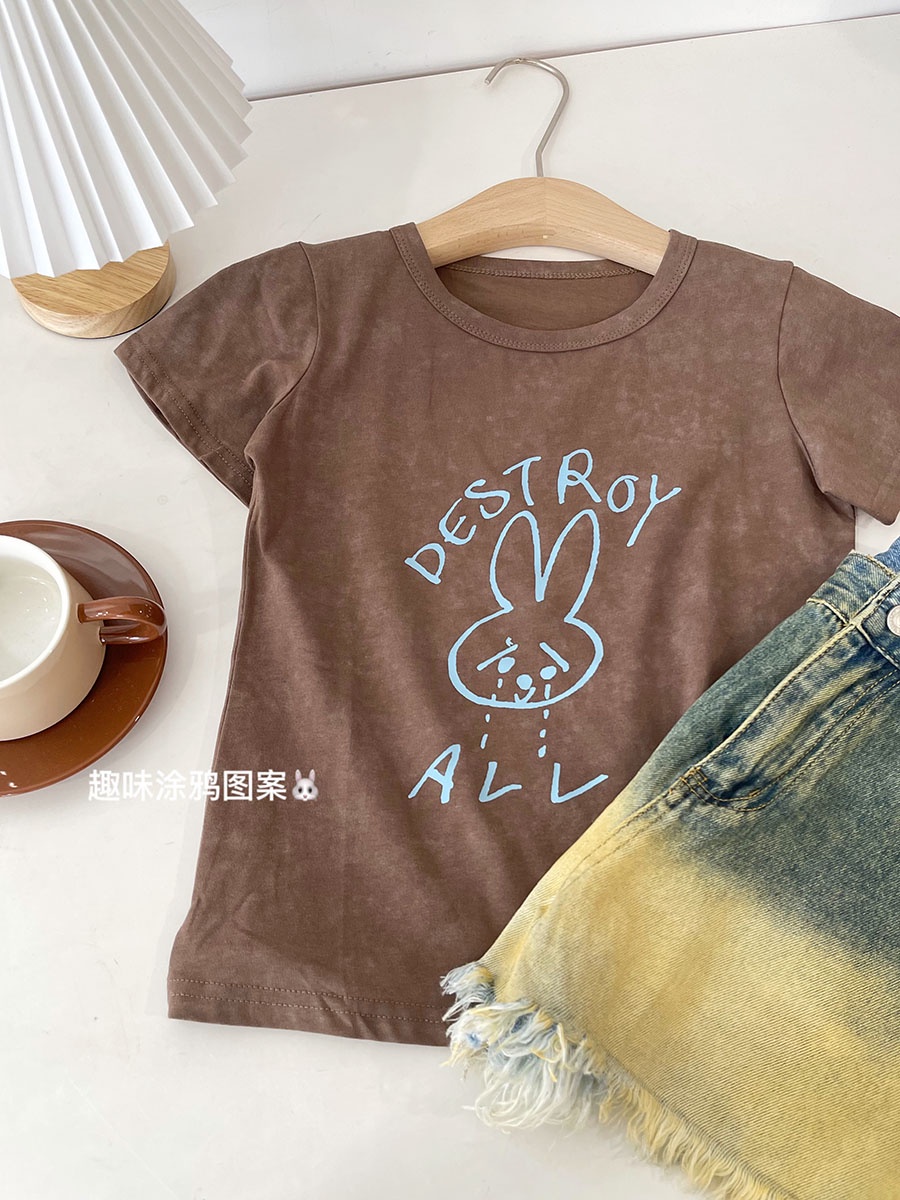 Áo Thun Dáng Ôm Ngắn Tay In Hình Thỏ Vui Nhộn Kiểu Retro Mỹ Cá Tính 65152