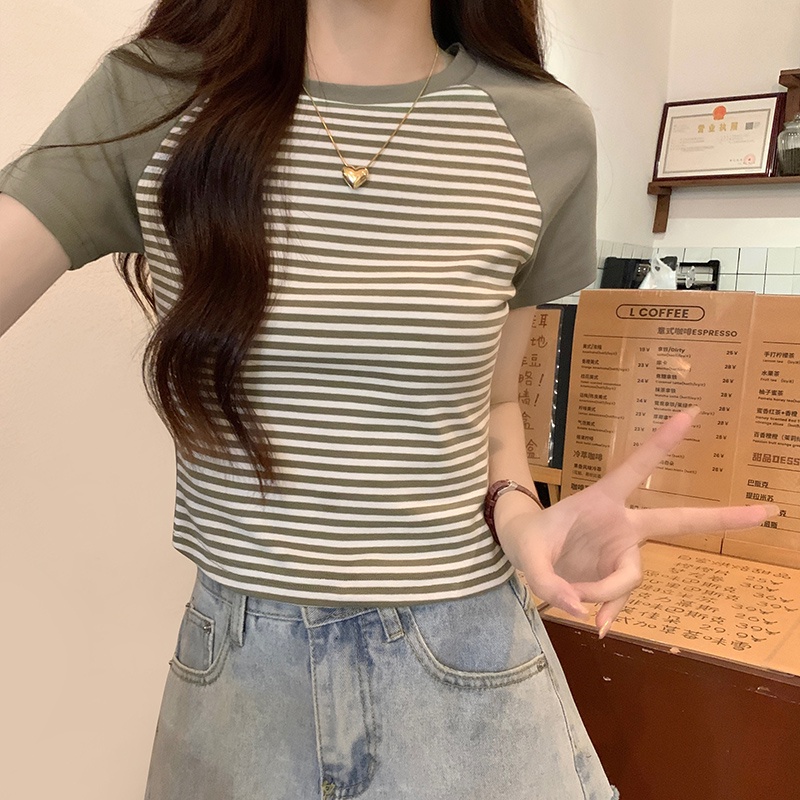 Áo Thun Kẻ Sọc Cổ Tròn Ngắn Tay Vải Cotton Thoáng Khí Phong Cách Mỹ Cá Tính 64901