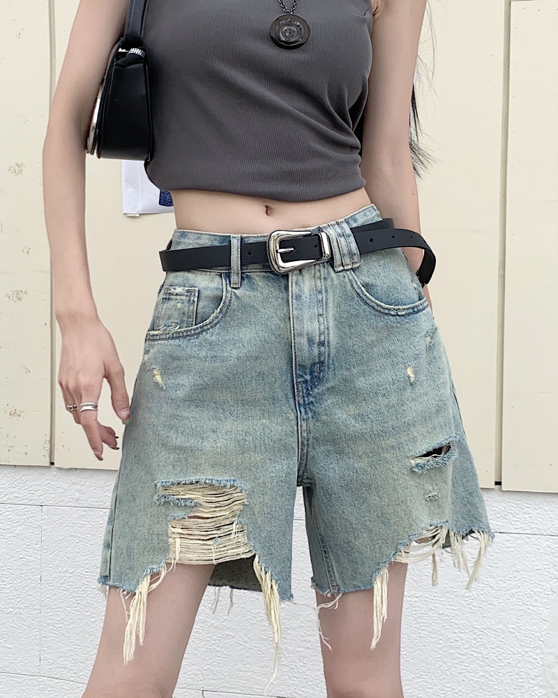 Quần Short Denim Ống Rộng Phối Rách Kiểu Retro Hoài Niệm Thời Trang Mùa Hè 65205