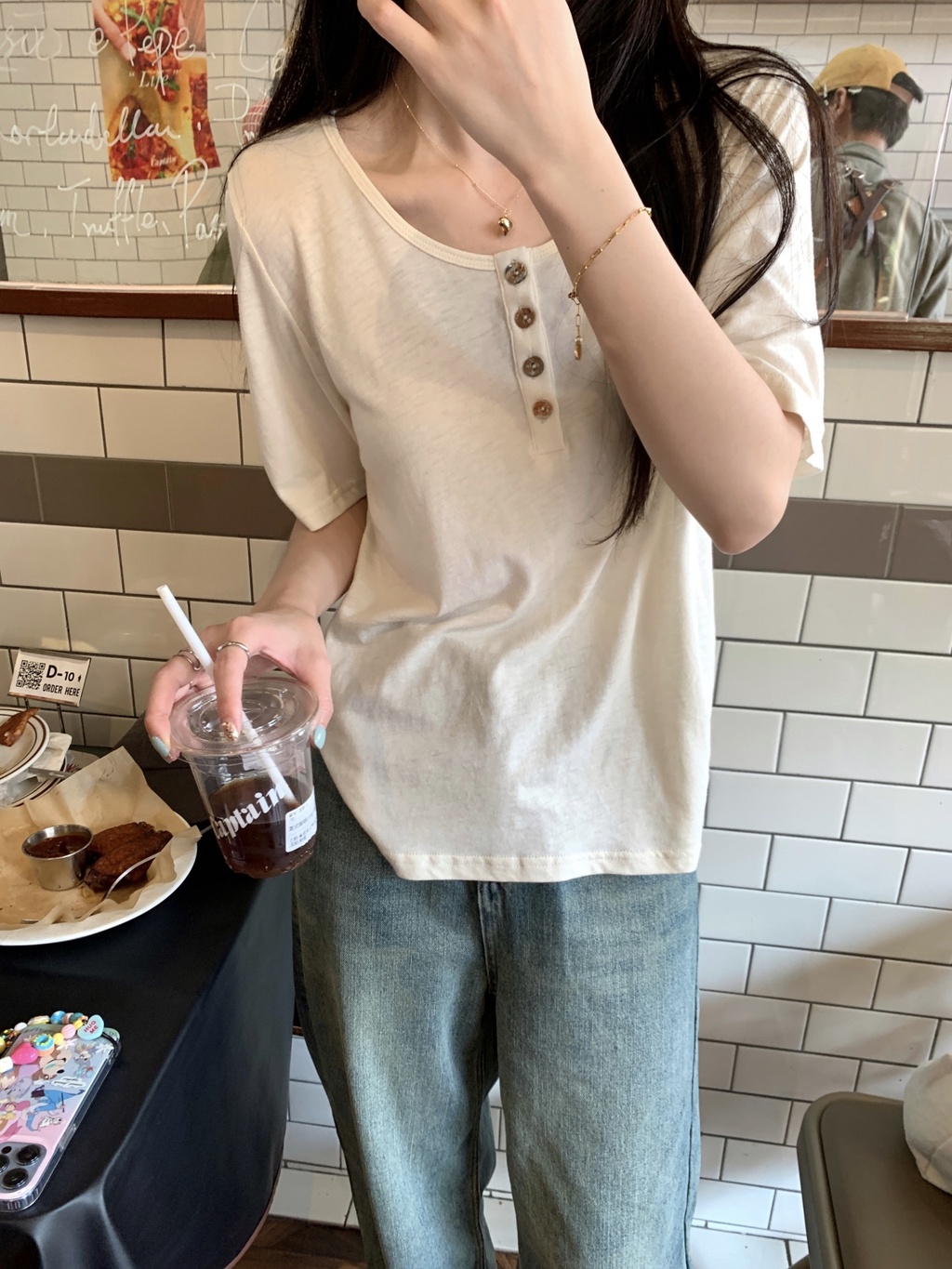 Áo Thun Trơn Dáng Rộng Ngắn Tay Phối Nút Phong Cách Hàn Quốc Thời Trang Mùa Hè 65194