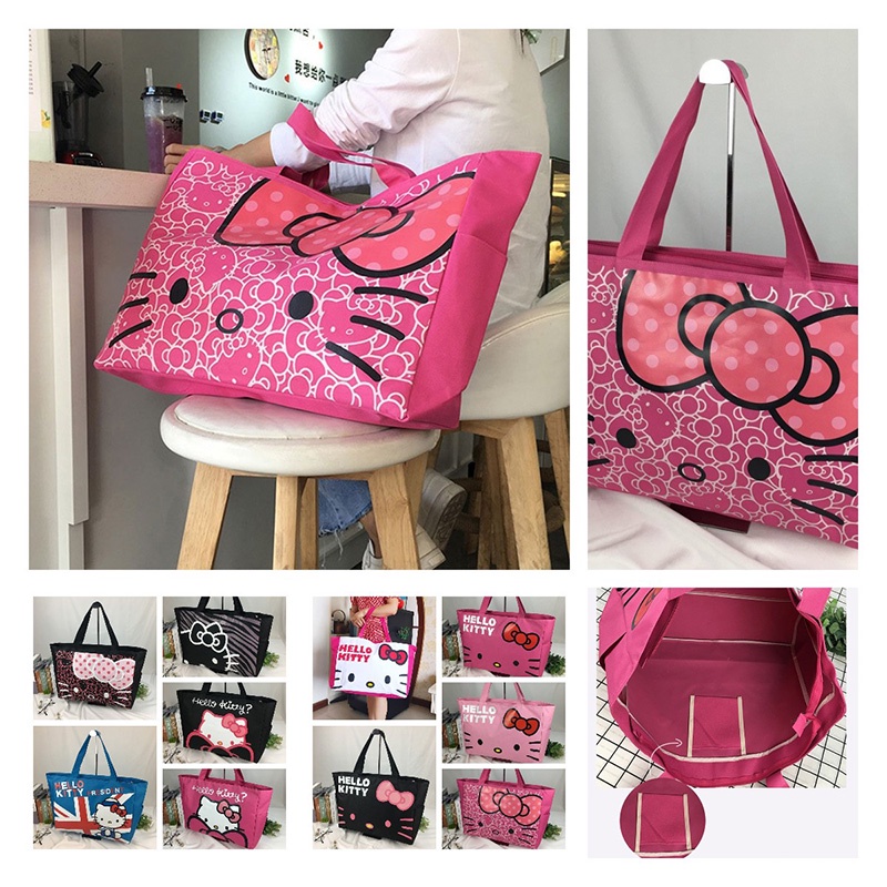Túi Xách Canvas In Hình Hello Kitty Nhiều Màu Sắc Có Tay Cầm Kép Và Khóa Kéo Cho Du Lịch