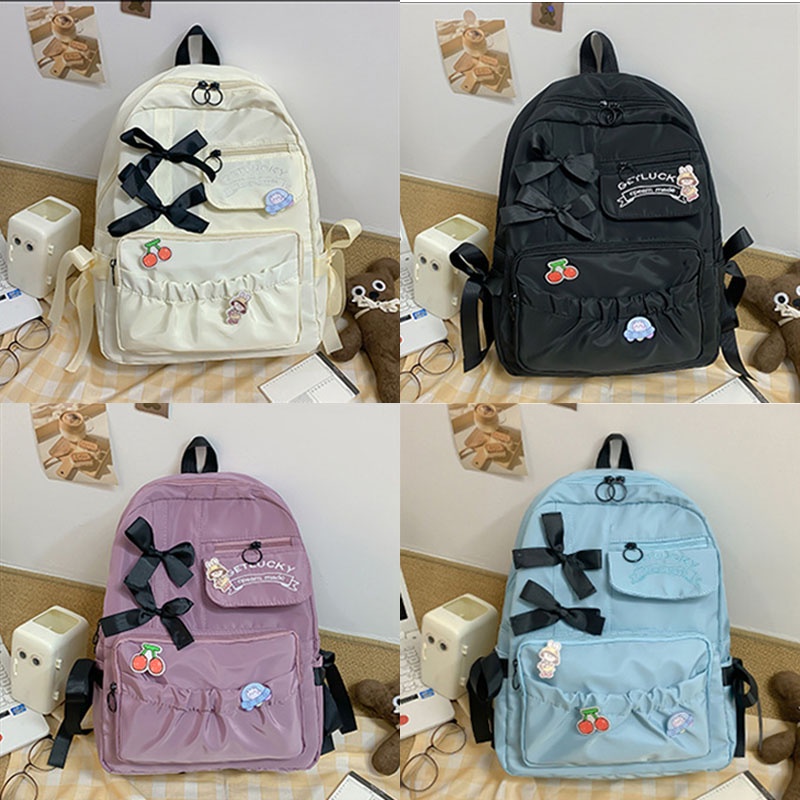 Ba Lô Đựng Laptop 14 Inch 20-35l Bằng Nylon Đính Nơ Bướm Màu Đen Phong Cách Đường Phố Cho Nữ Sinh Trung Học