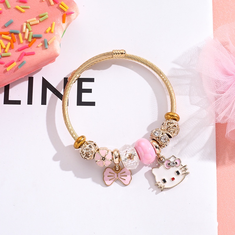 XiaoboACC Stainless Steel Diamond Cartoon KT Cat Bracelets for Women Fashion Party Charm Beads Bangles