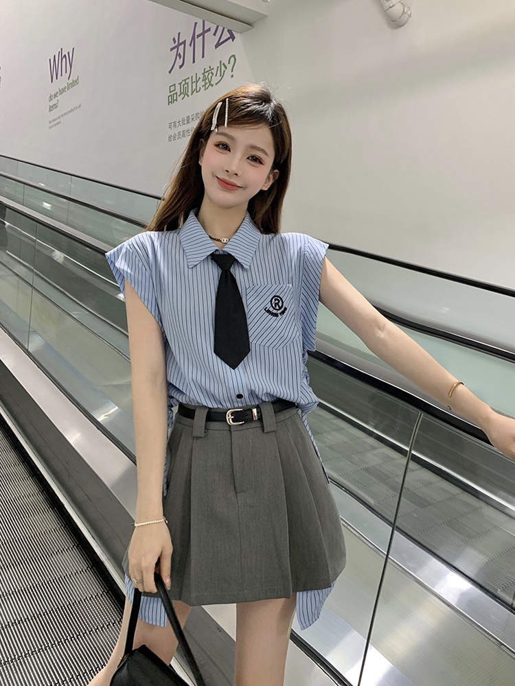 65385 Preppy Áo Sơ Mi Sọc Không Thắt Cà Vạt / Váy Ngắn Miễn Phí