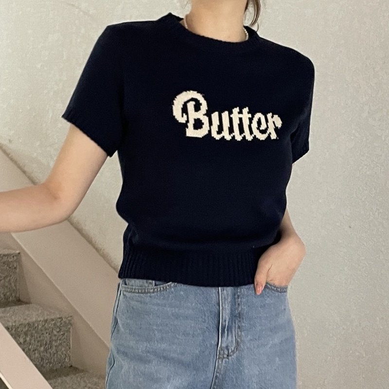 Áo Thun Dệt Kim In Chữ Phong Cách Retro Thời Trang Mùa Hè Dành Cho Nữ